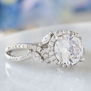 Classic Engagement Round Halo ring with twist leaf band, 925 Sterling Silver
